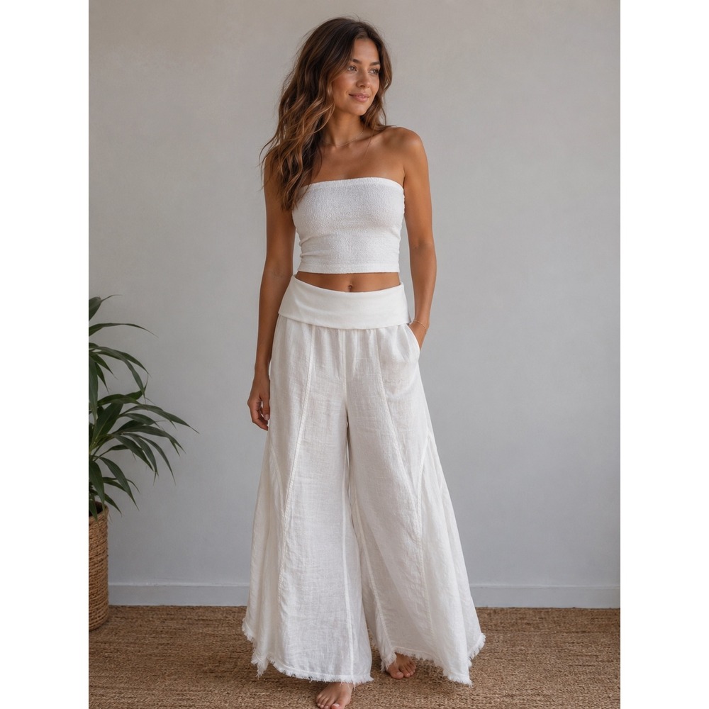 XCVI Womens White Linen Wide Leg Handkerchief Hem Pants 22551 Size L